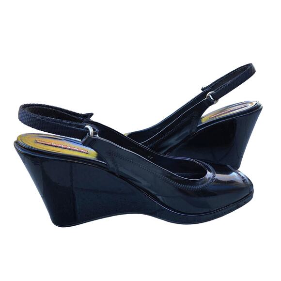 Prada Black Sport Patent Leather Peep Toe Wedge Slingback Sandals 41 - Picture 6 of 13